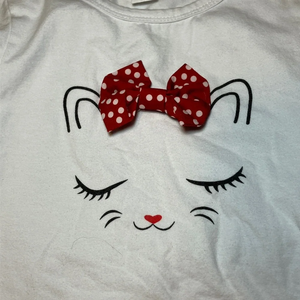 SHEIN Kids Girls Size 6 2-Piece Set  Cat Tee and Cherry Denim Ruffle Shorts